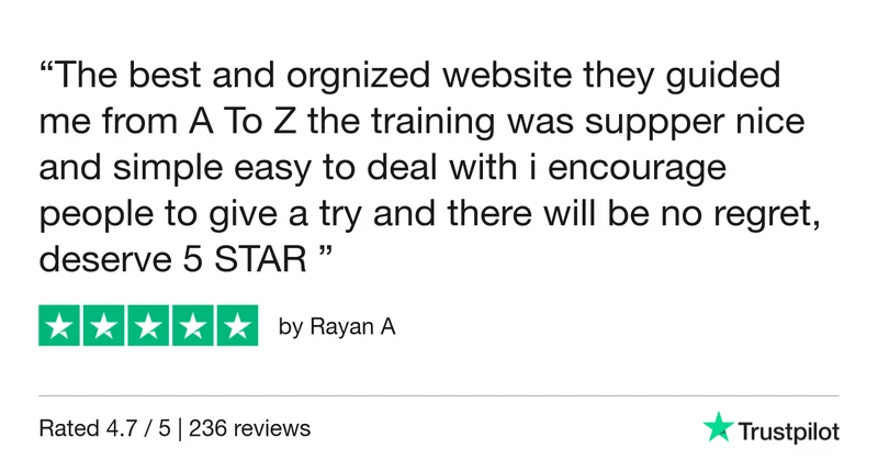 5-star Trustpilot review by Rayan A: “The best and orgnized website they guided me from A To Z the training was suppper nice and simple easy to deal with i encourage people to give a try and there will be no regret, deserve 5 STAR”