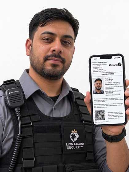 Licensed Ontario security guard holding a phone showing his digital security guard licence